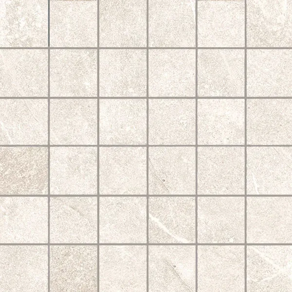 African Slate Sand: Mosaik 30×30 cm aus 5×5-cm-Steinchen in cremeweißem Grundton mit zartbeigem Schimmer, matt