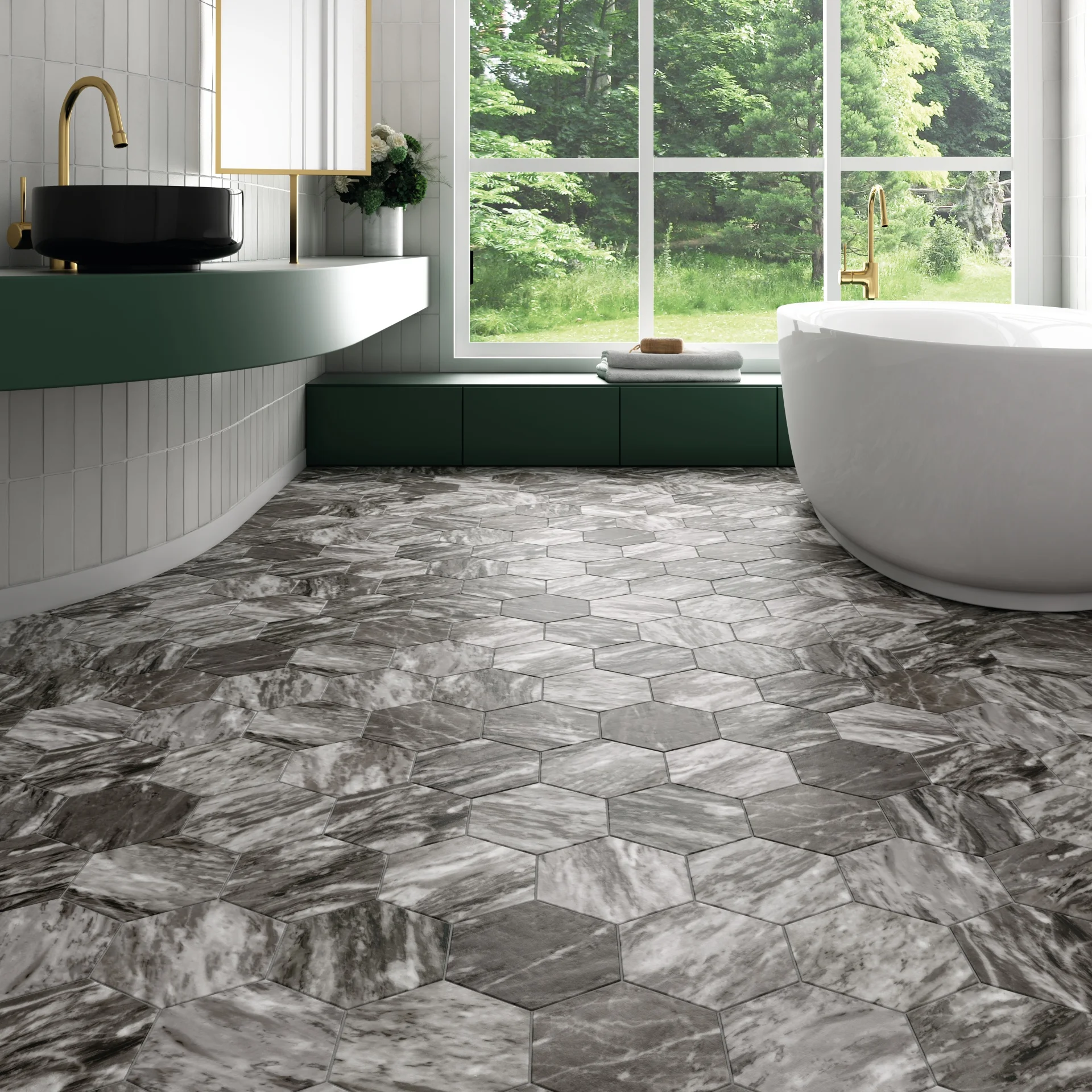 Raumszene mit verlegten Hexagon-Fliesen 17,5×20 cm in dunkelgraue Marmor-Optik, modern eingerichtetes Interieur.