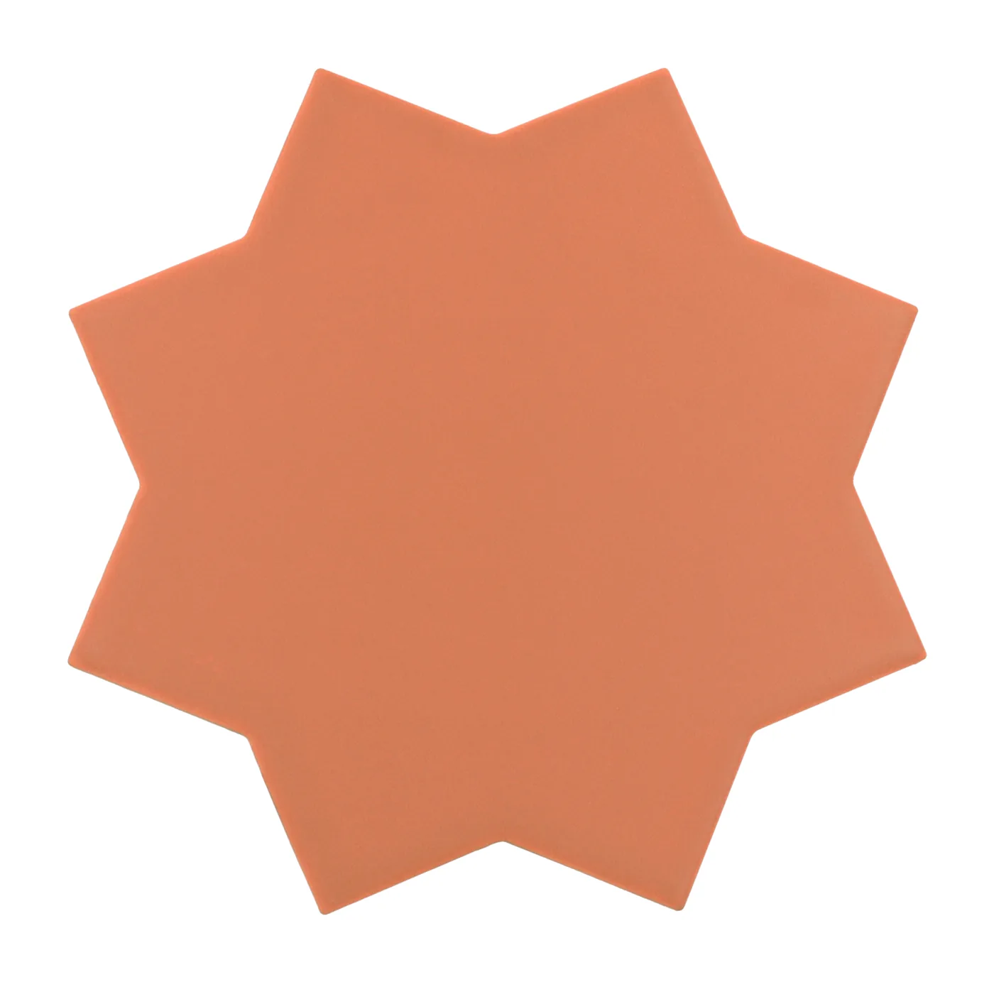 Achtzackige Sternfliese in mattem warmem Terracotta, Format 16,8×16,8 cm, einfarbig glatt vor weißem Hintergrund.