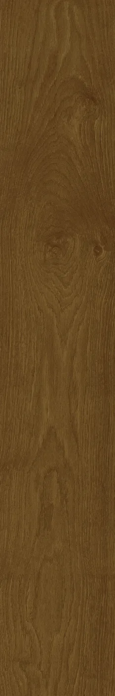 Nahaufnahme der warm mittelbraunen Holzoptik-Fliese 20×120 cm mit feiner matter Eichenmaserung und Astzeichnungen.