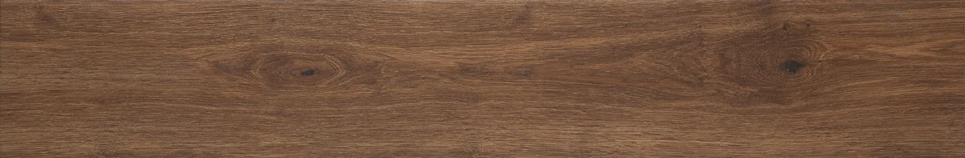 Holzoptik-Diele 20x120 cm in dunklem Schokoladenbraun mit kräftiger dunkler Maserung und zwei Astaugen.