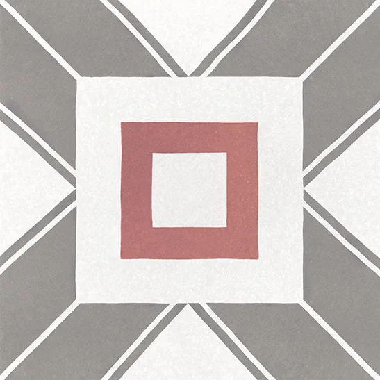 Bodenfliese Caprice Deco Decal Colours von Equipe, matt, 20x20cm, mit geometrischem Muster aus Quadraten und Linien in Grau, Weiß und Rot, mit prägnanten grafischen Formen