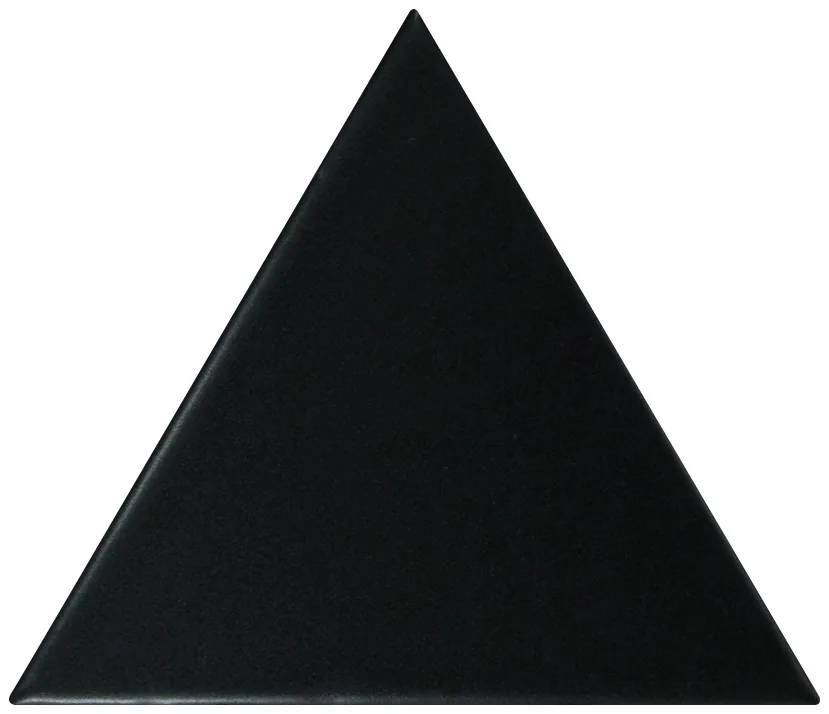 Dreieckige Wandfliese in Schwarz, matt glasiert, Format 10,8x12,4 cm, mit gleichmäßig deckender, blickdichter Oberfläche.