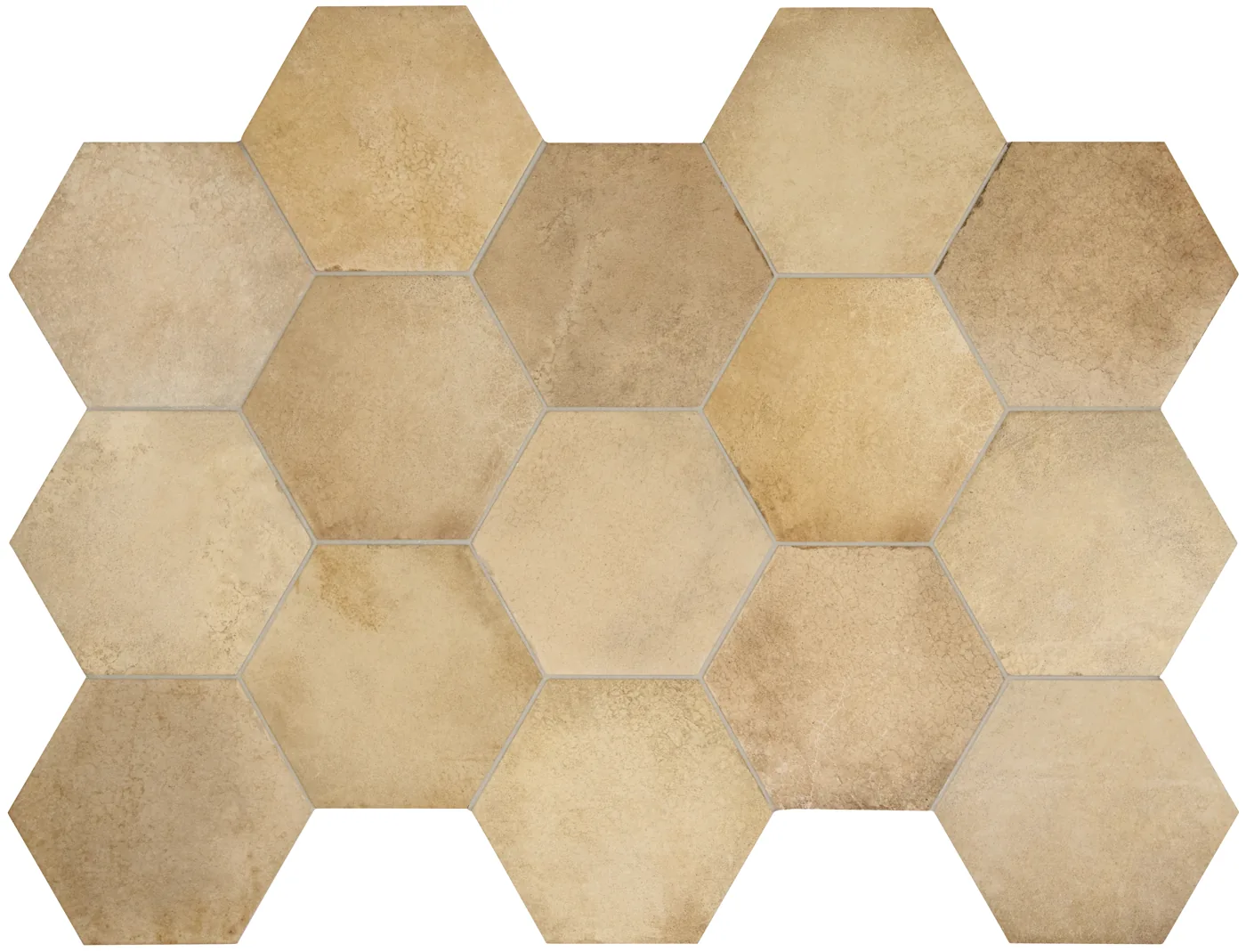 Equipe Heritage Wheat: sandbeige Hexagon-Fliesen aus Feinsteinzeug, matt, in Vintage-Zementoptik verlegt