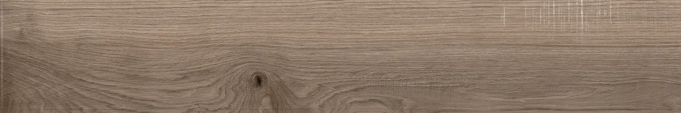 Graubraune Holzoptik-Fliese 25×150 cm in Dielenform, matt, mit feiner Längsmaserung und dunklen Ast.