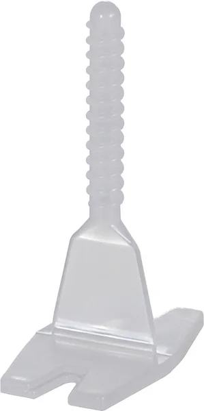 Transparente Kunststoff-Lasche: flache rechteckige Fußplatte, schmaler Übergang, langer geriffelter Gewindeschaft.
