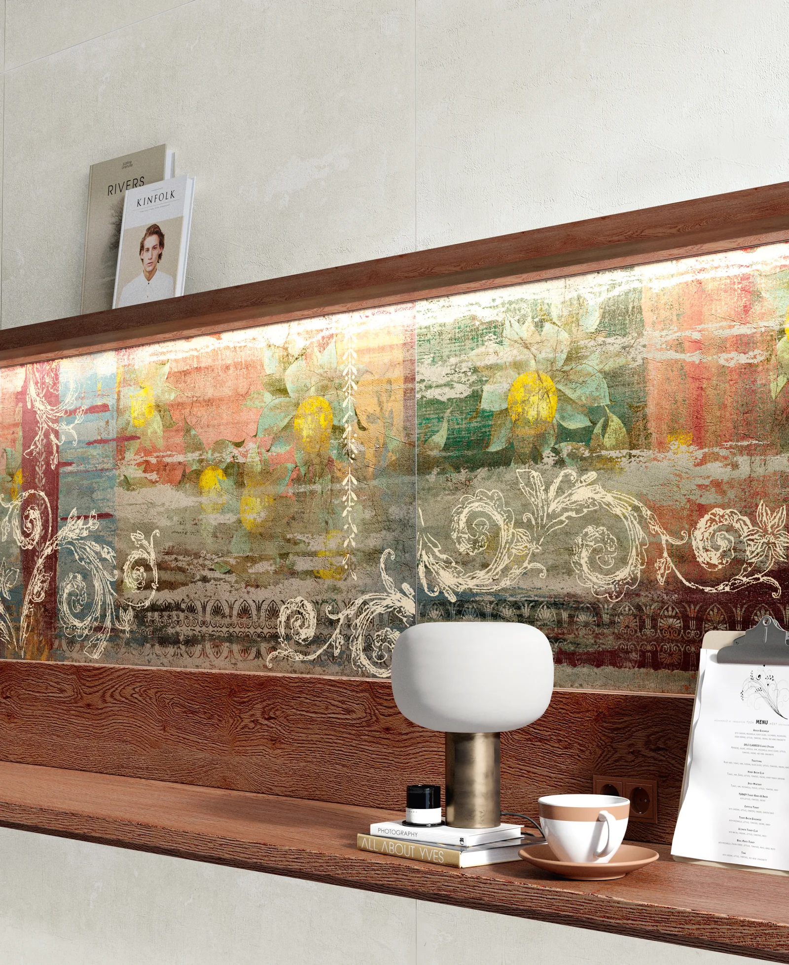 Wandnische mit farbigem Fresko-Dekorband über Holzablage, Naxos Pictura Luni 60x120 cm.