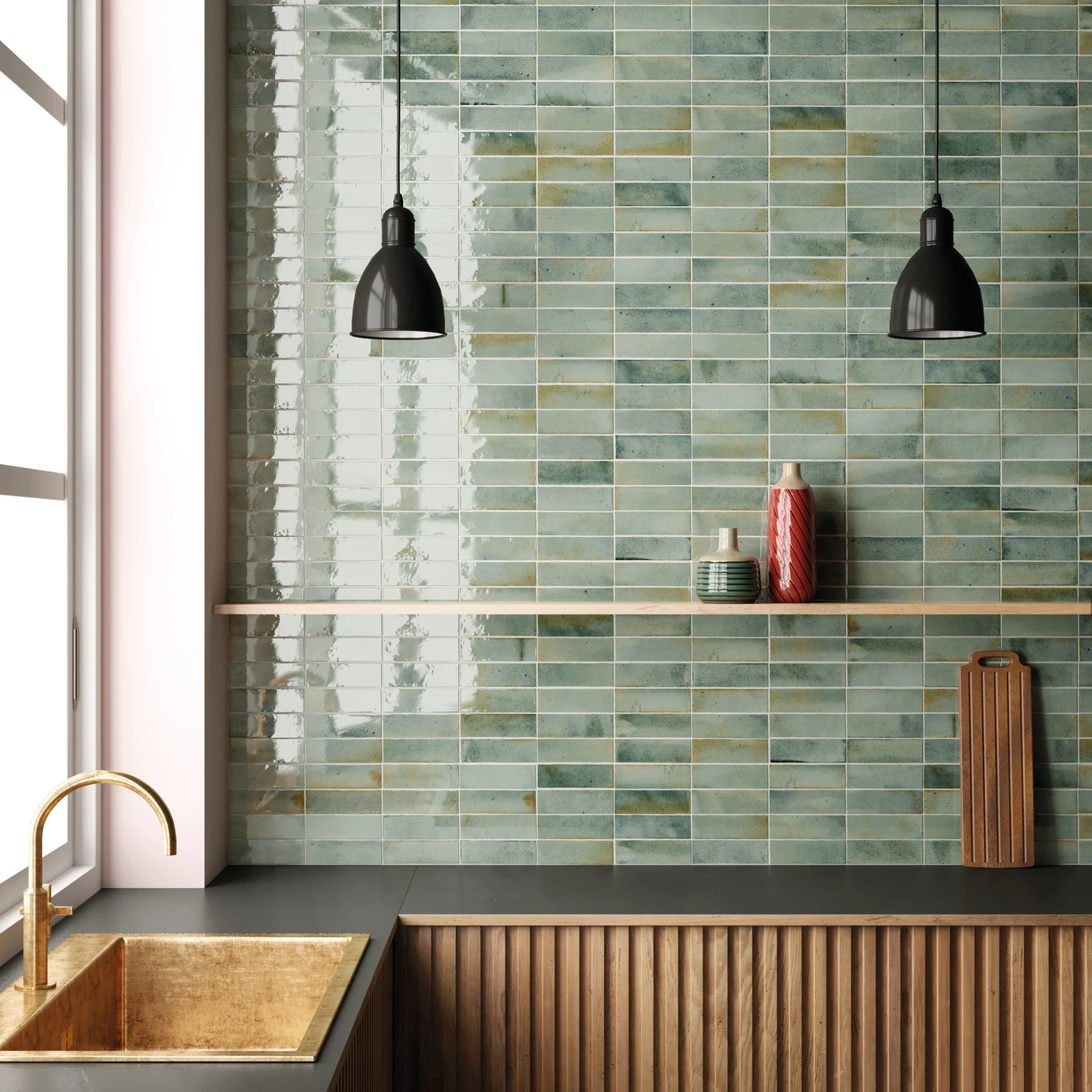 Raumszene mit verlegten Hanoi Wandfliesen in Celadon Glasur, Showroom im Vintage Stil.