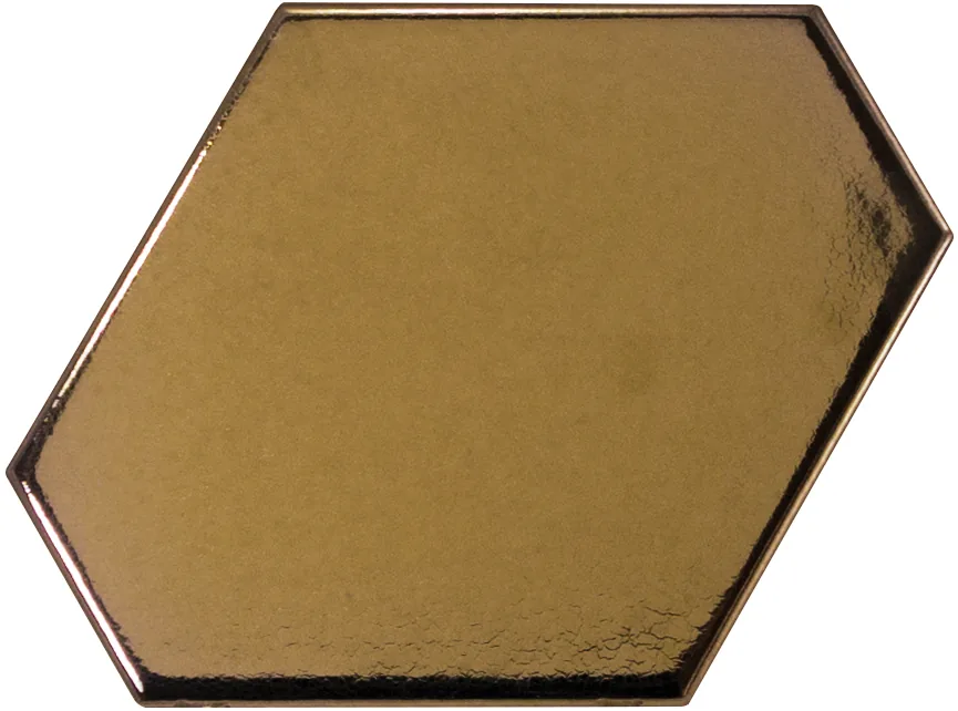 Langgestreckte Sechseck-Wandfliese in metallischem Bronze, glänzend glasiert, Format 10,8x12,4 cm, mit gleichmäßiger Fläche.