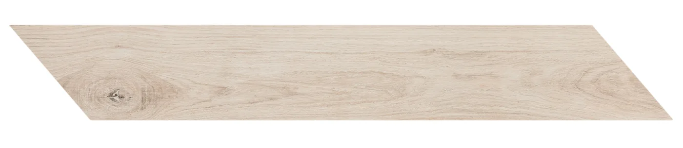 Weißlich-helle Holzoptik-Fliese 11,8×73,2 cm mit schrägen Enden für Fischgrät-Verlegung, matt und fein gemasert.