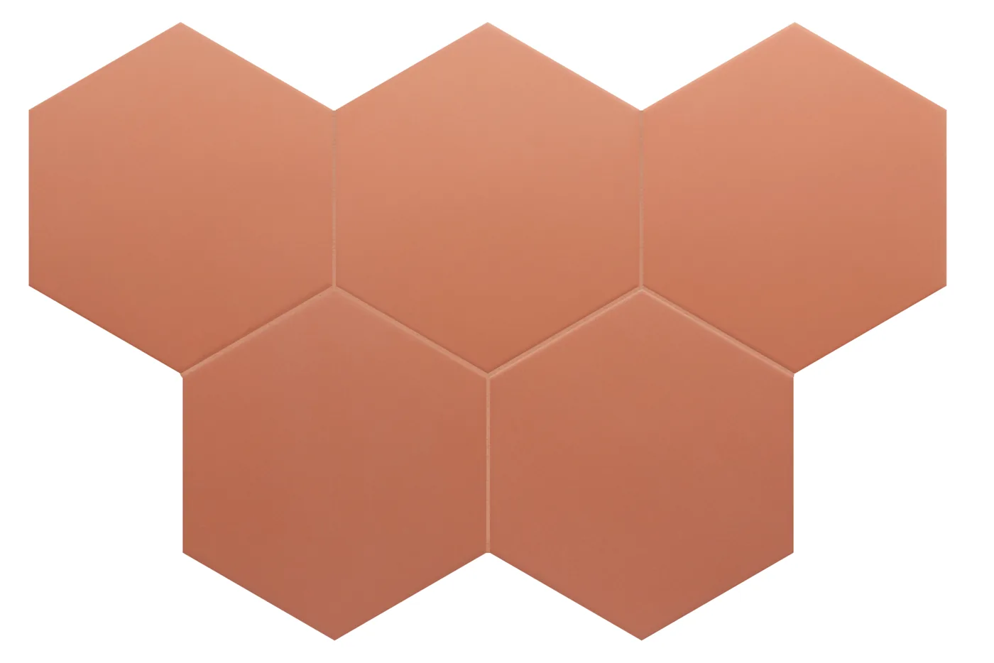 Sechseckige Fliese in mattem Terracotta-Braun, mehrere Hexagons im Wabenverband mit warmer einfarbiger Fläche.