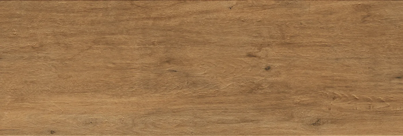Honigbraune Holzoptik-Terrassenfliese 40×120 cm mit durchgehender Längsmaserung und einzelnen Astaugen.