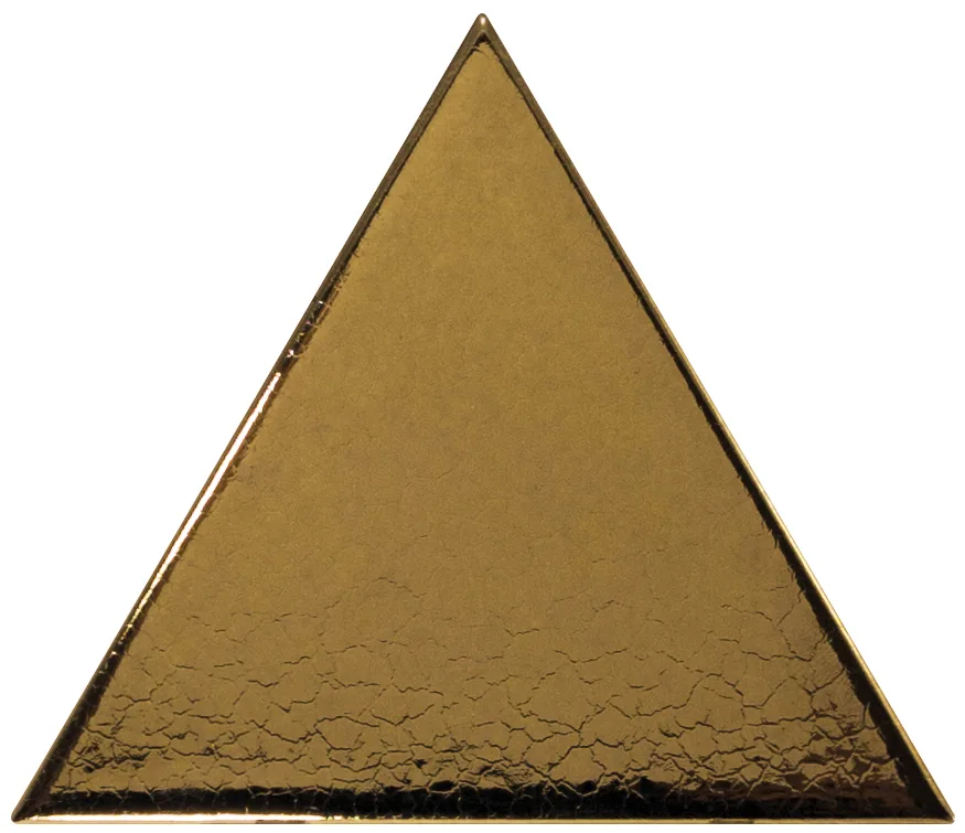 Dreieckige Wandfliese in metallischem Bronze, glänzend glasiert, Format 10,8x12,4 cm, mit gleichmäßig deckender Oberfläche.
