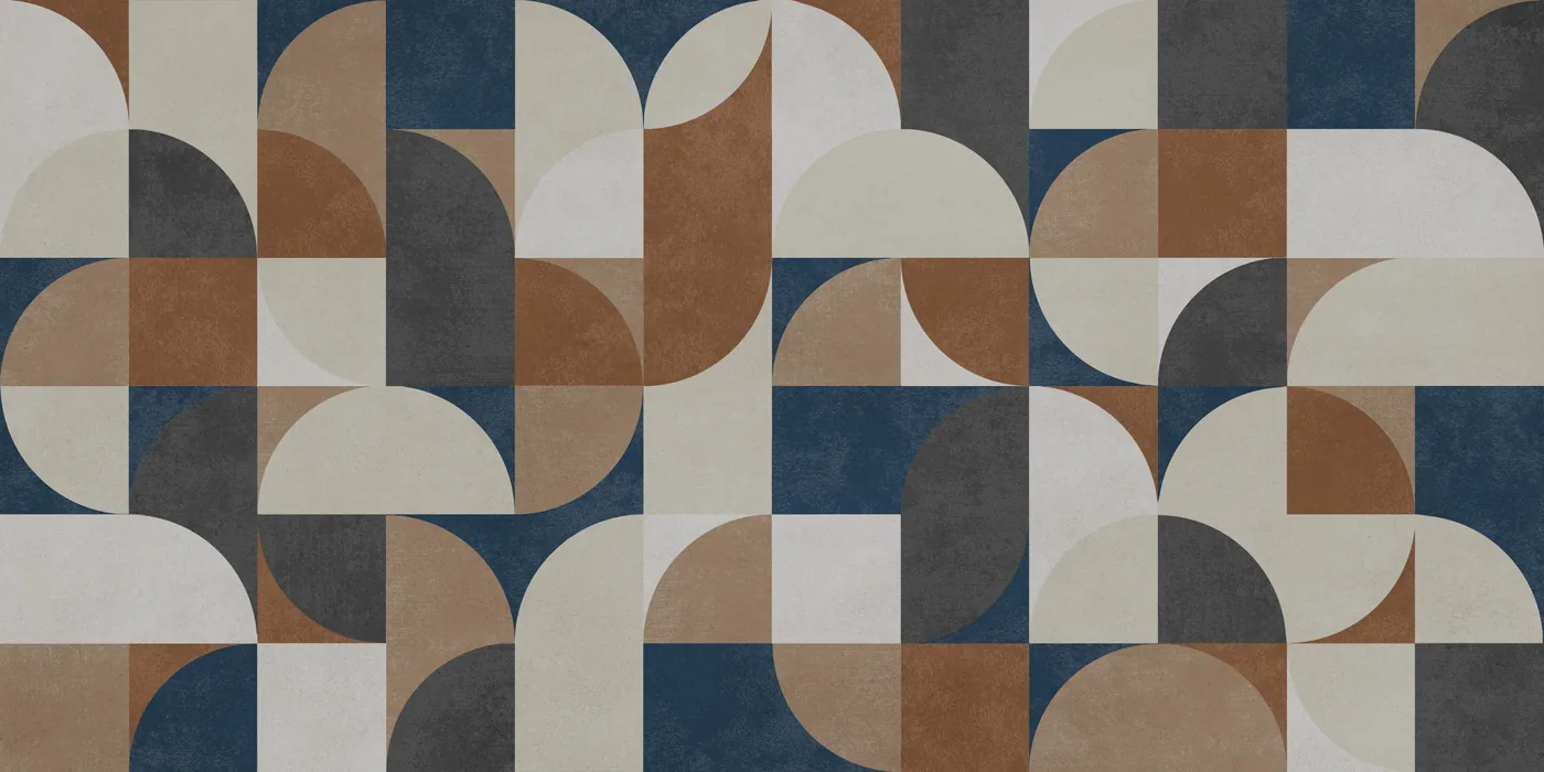 Dekorfliese 60x120 cm mit geometrischem Muster aus Viertelkreisen, Quadraten in Rostbraun, Nachtblau, Grau und Beige, matt.