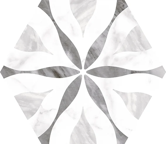 Sechseckige Wandfliese 17,5×20 cm in graue Marmor-Optik mit Blütenmuster, freigestellt mit feiner natürlicher Aderung.