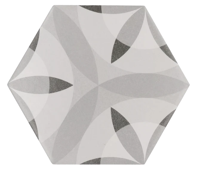 Equipe Hexatile Nature B&W: sechseckige Dekorfliese mit grau-weißem geometrischem Blütenmuster, Feinsteinzeug, 17,5x20 cm.
