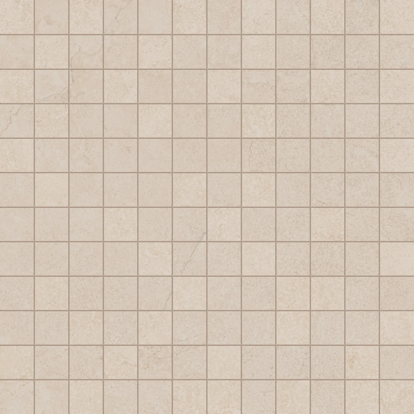 Sandbeige Mosaikmatte 30x30 cm aus kleinen quadratischen Steinen in matter Steinoptik mit feinen Fugen im Raster.