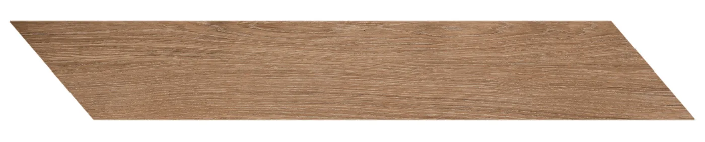 Rötlich-braune Holzoptik-Fliese 11,8×73,2 cm mit schrägen Enden für Fischgrät-Verlegung, matt und fein gemasert.
