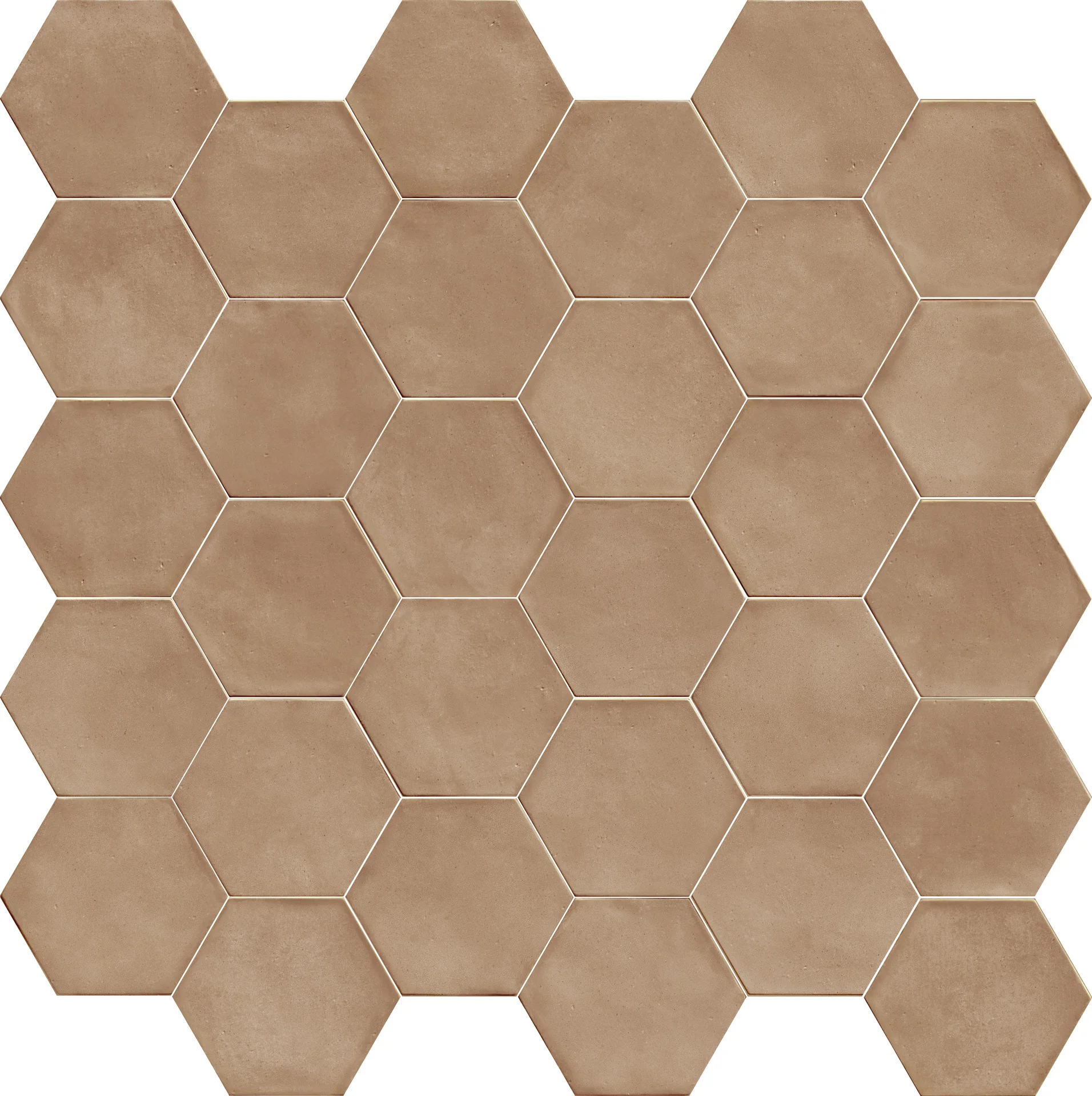 Sechseck-Fliese 18,2x21 cm in irdenem Coccio-Rot wie eine Ton-Scherbe, matt veredelt.
