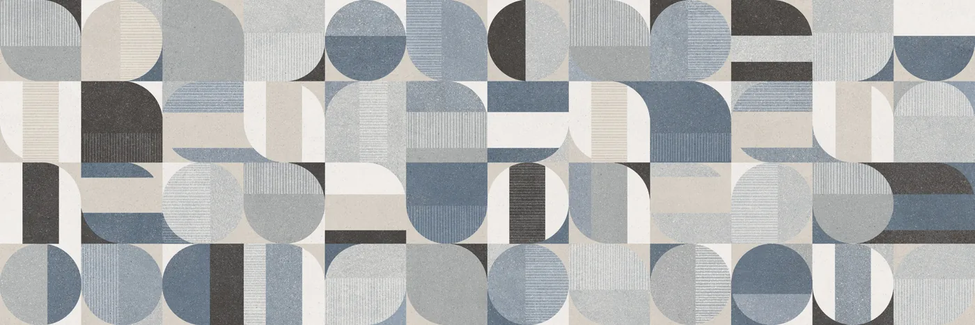 Dekorfliese 40×120 cm mit geometrischem Muster aus Halbkreisen und Quadraten in Blau, Grau, Weiß und Anthrazit