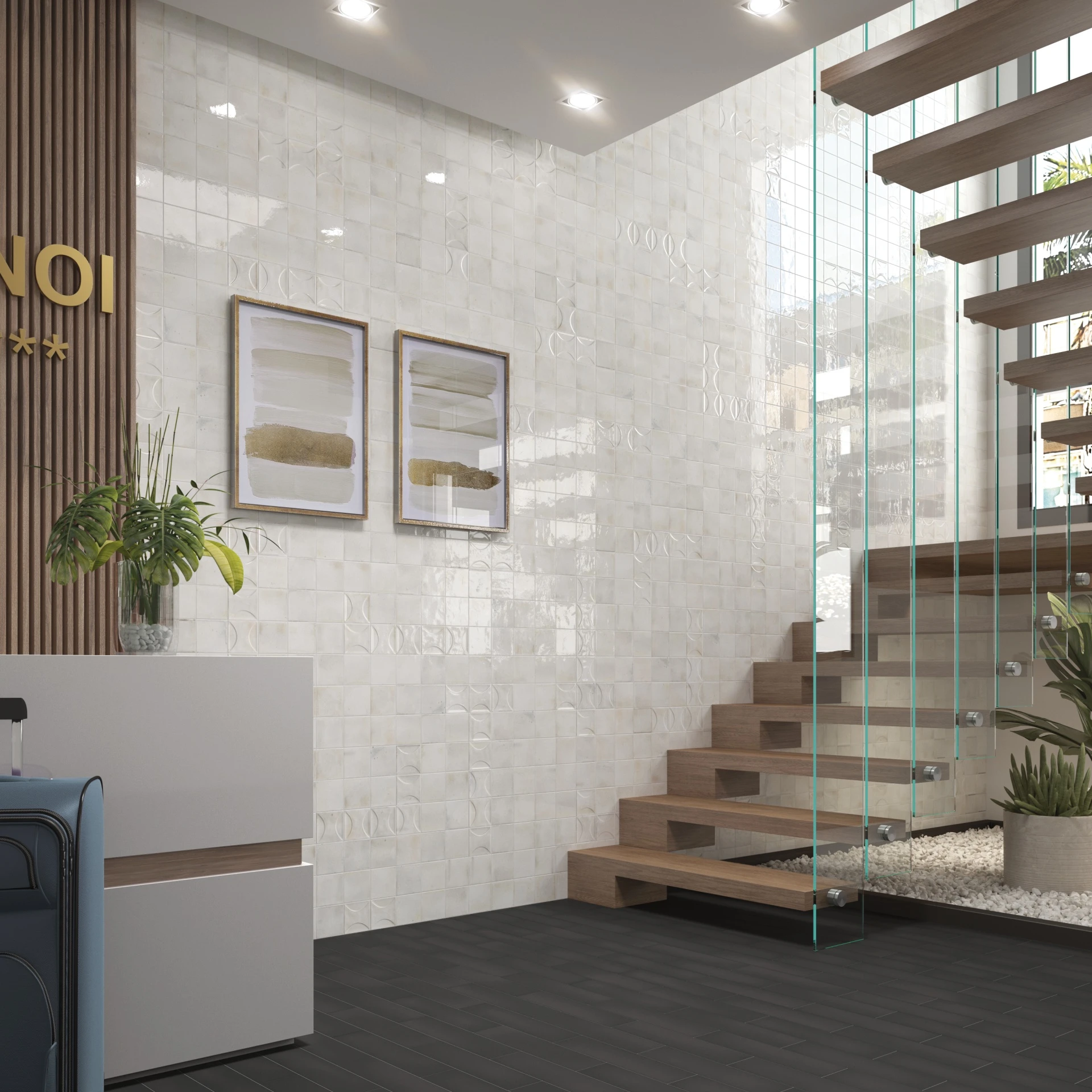 Raumszene mit verlegten Hanoi Wandfliesen in White Glasur, Showroom im Vintage Stil.