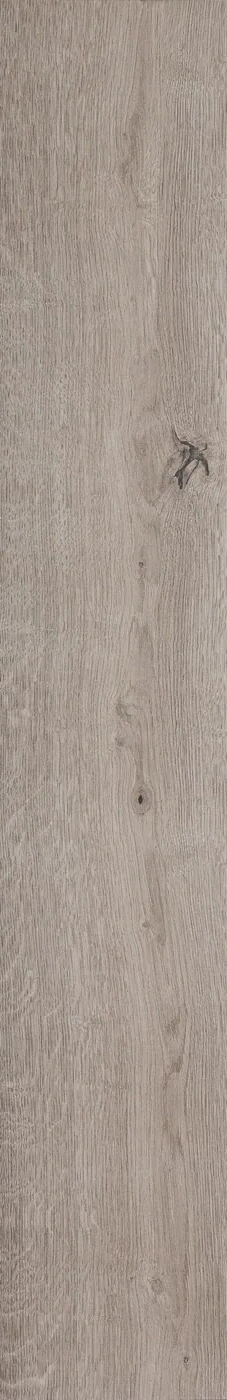 Stehende Holzoptik-Diele 20x120 cm in kühlem Graubraun mit feiner Längsmaserung und dunklem, rissigem Ast oben rechts.
