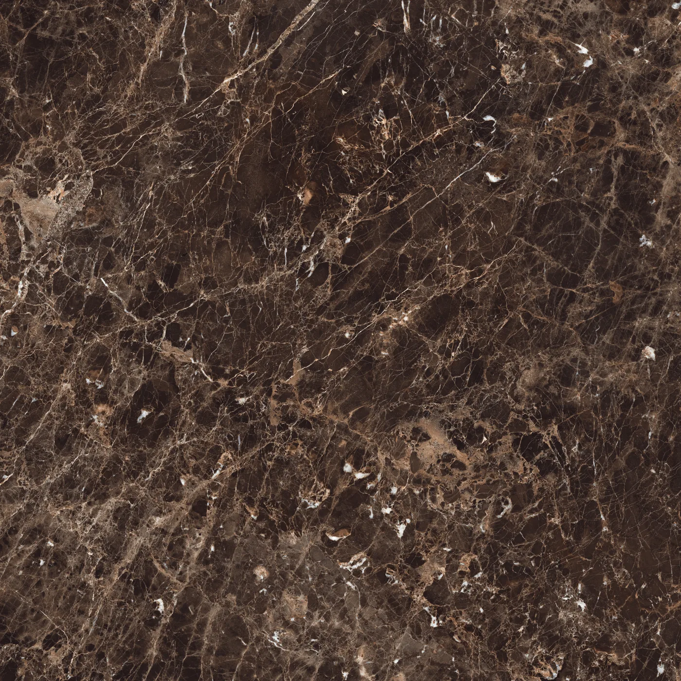 Dunkelbraune Marmoroptik-Platte im Format 120x120 cm mit matter Oberfläche und hellbraunen Adern.