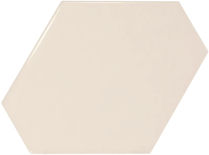 Langgestreckte Sechseck-Wandfliese in Creme, glänzend glasiert, Format 10,8x12,4 cm, mit gleichmäßig deckender Oberfläche.