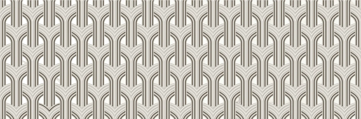 Weiße Marmoroptik-Wandfliese 40×120 cm mit dicht gereihten Bogenmotiven in Grau und Graubeige über die Fläche.