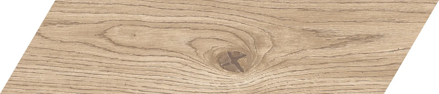 Hellbeige Holzoptik-Fliese als Parallelogramm für Fischgrätverlegung, 11x54 cm, mit Eichenmaserung und Astknoten.