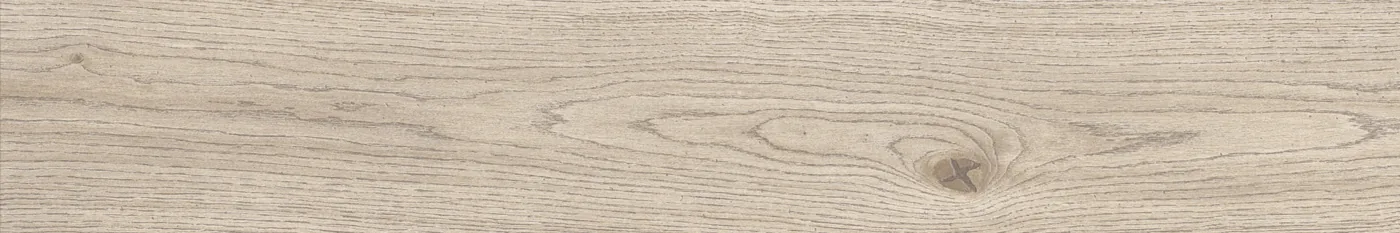 Hell sandgraue Holzoptik-Planke im Format 20x120 cm mit durchgehender Eichenmaserung und dunklem Astknoten in der Mitte.