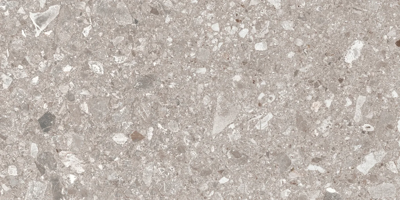 Graubeige Fliese in Konglomerat-Steinoptik, 30x60 cm, matte Oberfläche, mit hellen und dunklen Gesteinsbrocken.
