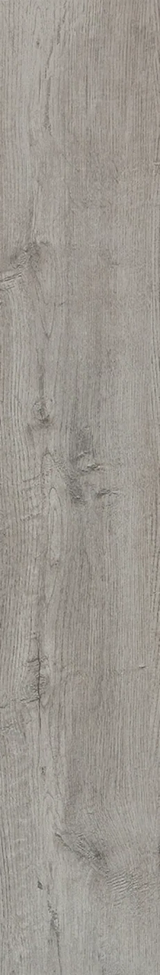 Einzelne Holzoptik-Fliese 15x90 cm in mittlerem Grau mit Astbildern und matter Oberfläche