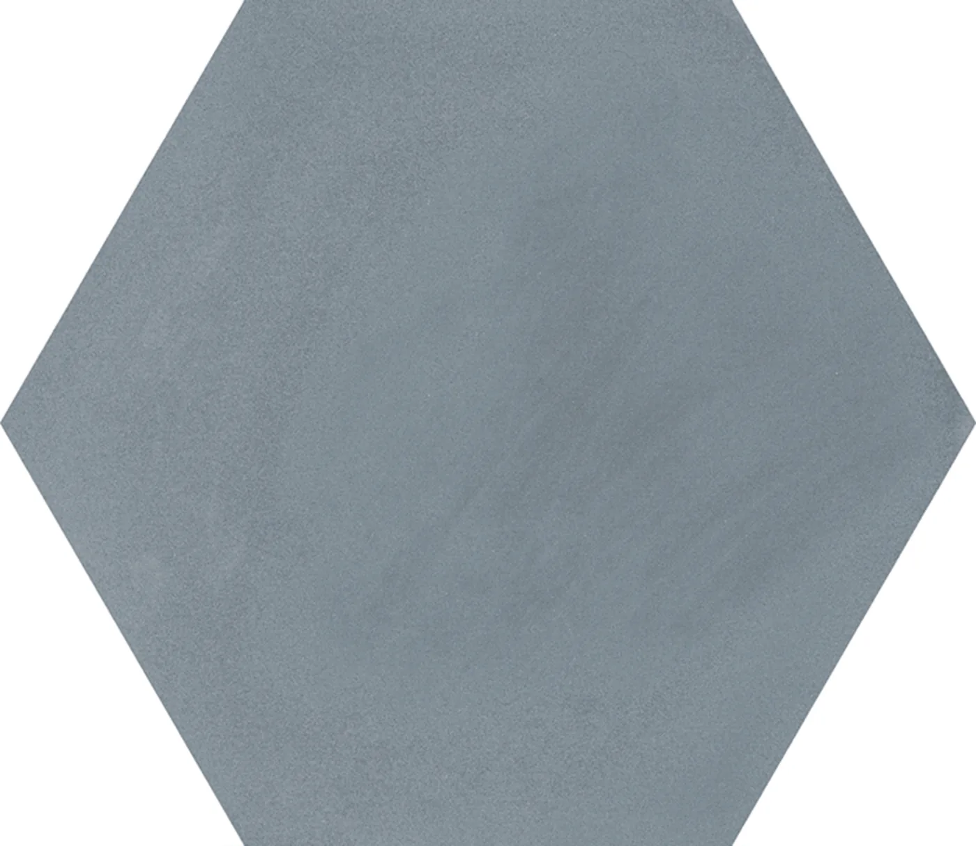 Blaugraue Sechseckfliese 18,2x21 cm in Betonoptik, einfarbig mit feiner wolkiger Schattierung, matte Oberfläche.