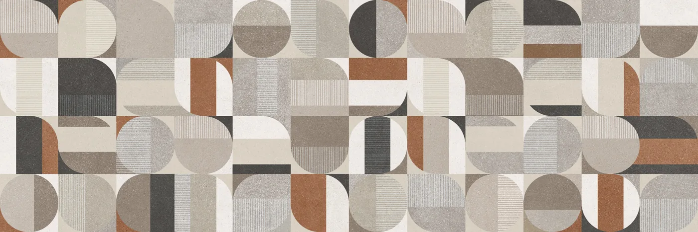 Dekorfliese 40×120 cm mit geometrischem Muster aus Halbkreisen und Quadraten in Beige, Grau, Rostrot und Anthrazit