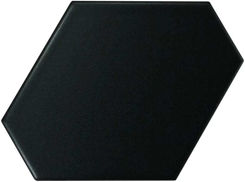 Langgestreckte Sechseck-Wandfliese in Schwarz, matt glasiert, Format 10,8x12,4 cm, mit gleichmäßig deckender Oberfläche.