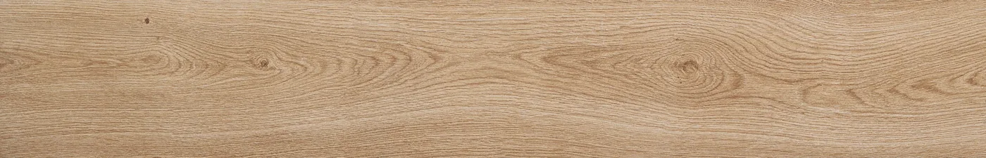 Holzoptik-Diele 14,5x90 cm in warmem Hellbeige mit fließender Maserung und kleinen Astaugen über die Fläche.