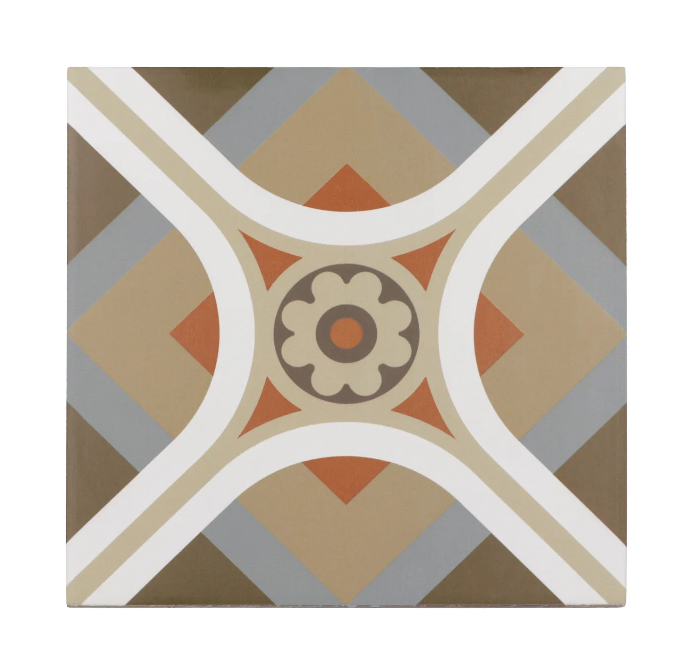 Geometrisches Muster in Orange, Oliv und Grau mit zentraler Rosette auf hellem Grund, quadratisch und matt.