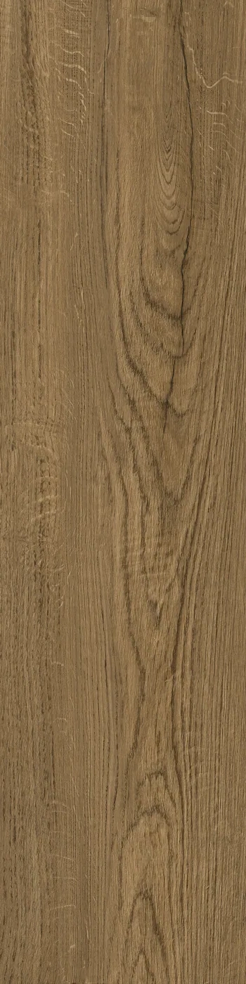 Mittelbraune Holzoptik-Fliese mit Astlöchern und dichter Maserung, 30x120 cm, Draufsicht