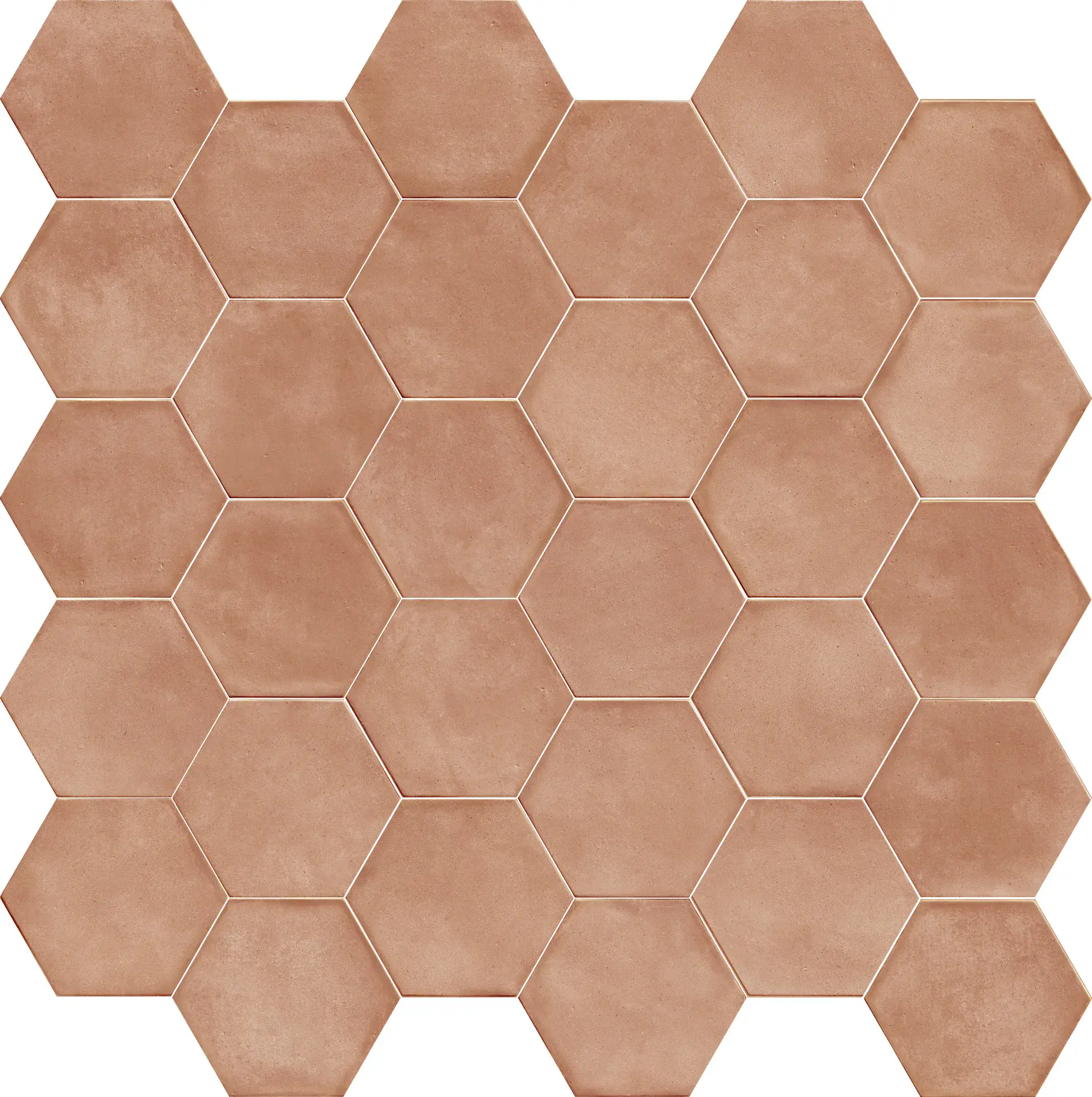 Sechseck-Fliese 18,2x21 cm in warmem Terrakotta-Cotto-Orange, matt veredelt, mit handwerklicher Cotto-Anmutung.