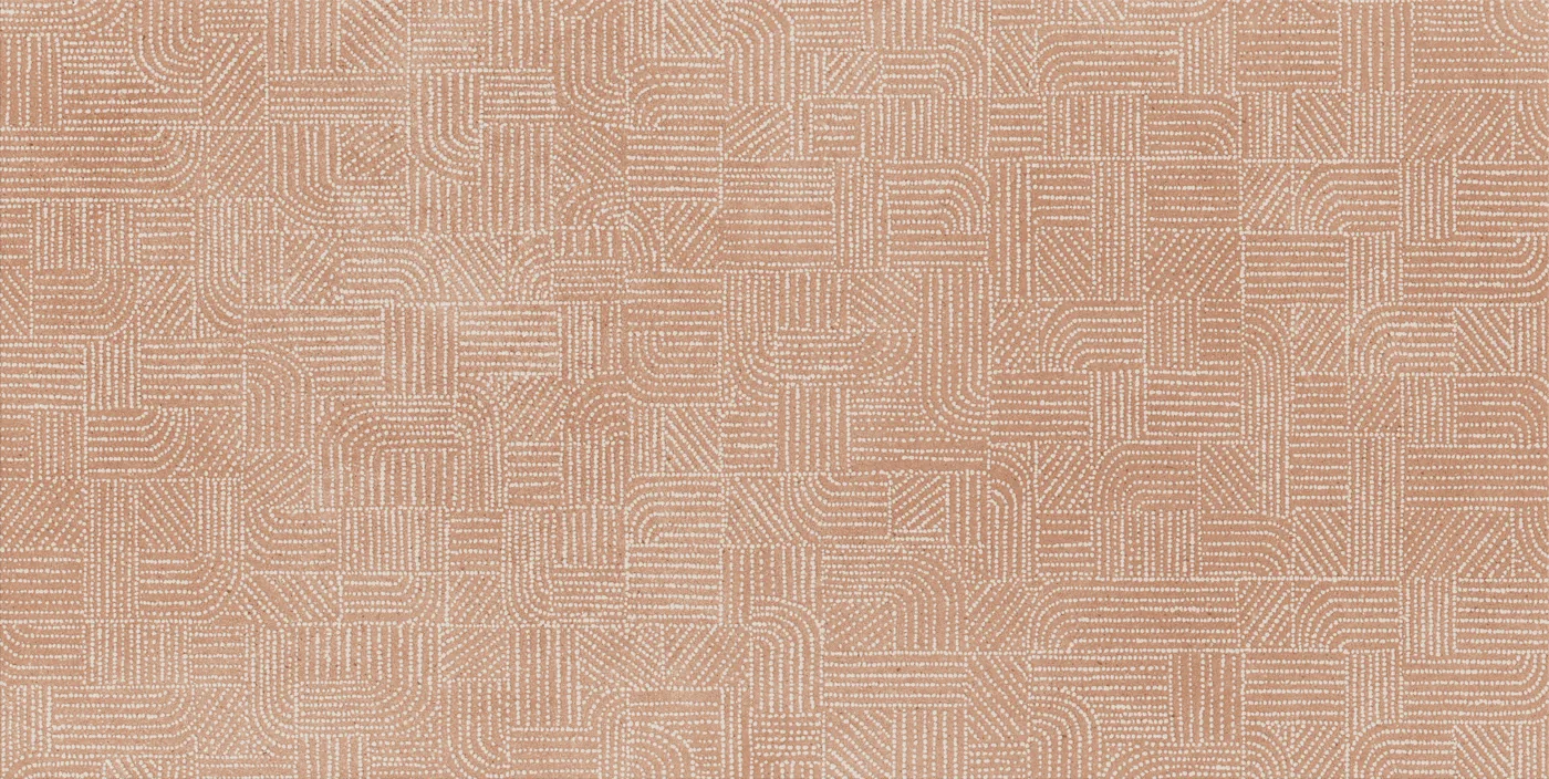 Terrakottafarbene Betonoptik-Fliese 60x120 cm mit feiner Gewebestruktur wie ein Teppichmuster auf wolkigem Grund, matt.