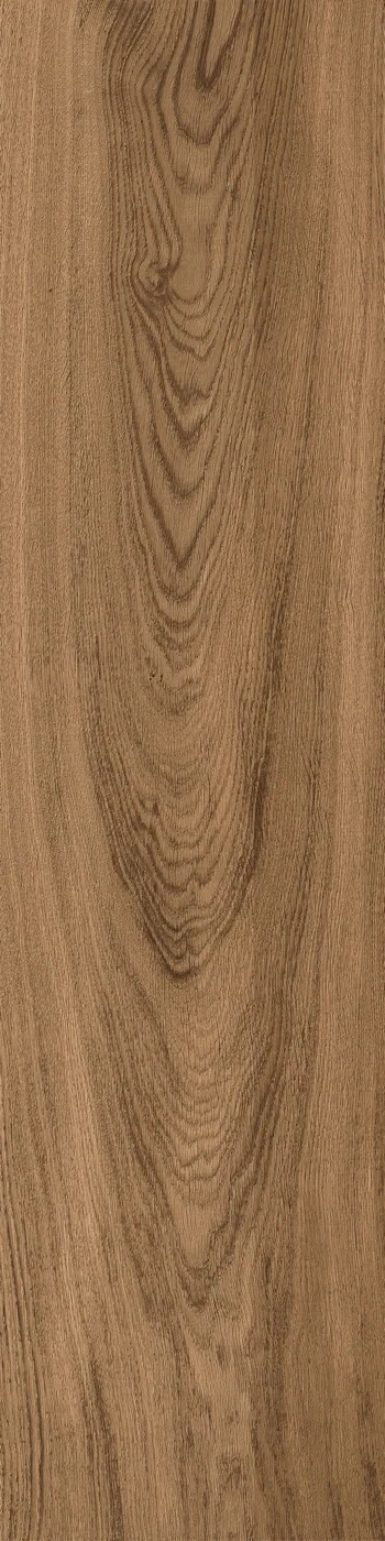 Rötlich mittelbraune Holzoptik-Fliese mit lebhafter, fließender Maserung, 30x120 cm, Draufsicht